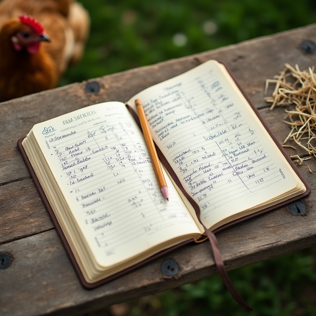 Cuaderno de campo con anotaciones sobre producción de huevos junto a gallinas de pastoreo
