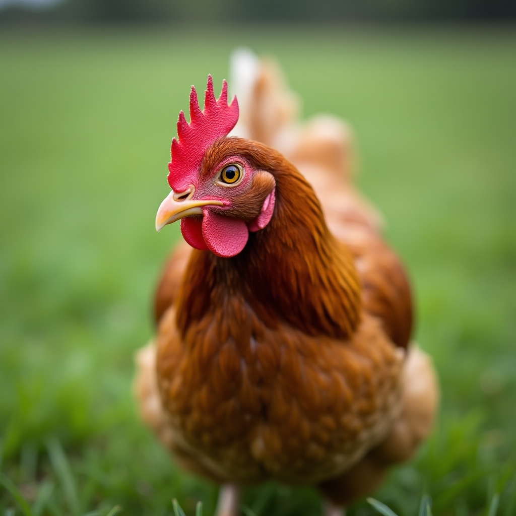 Retrato de una gallina de pastoreo en primer plano sobre pasto
