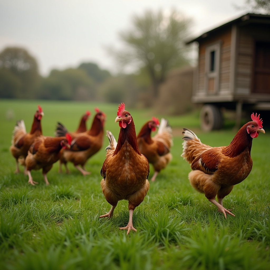 Gallinas de pastoreo forrajeando al aire libre en un terreno periurbano al amanecer