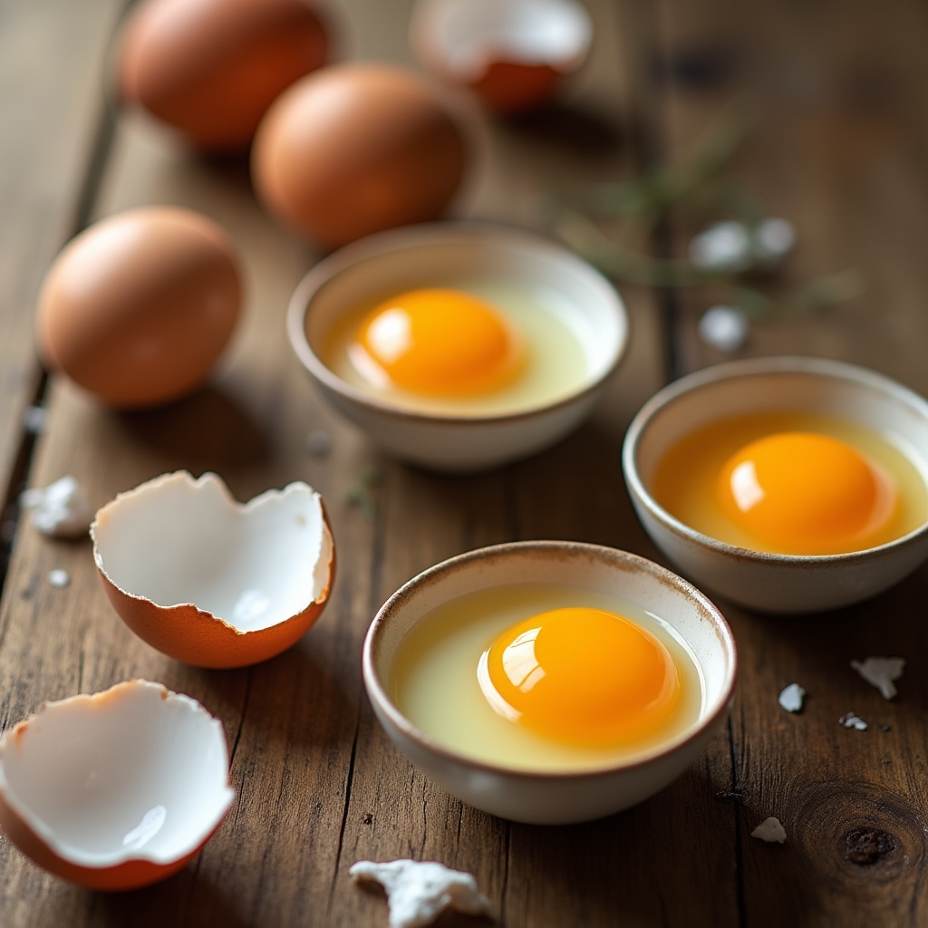 Huevos de campo abiertos mostrando yema de color anaranjado intenso